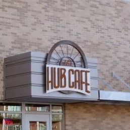 hub cafe metal sign